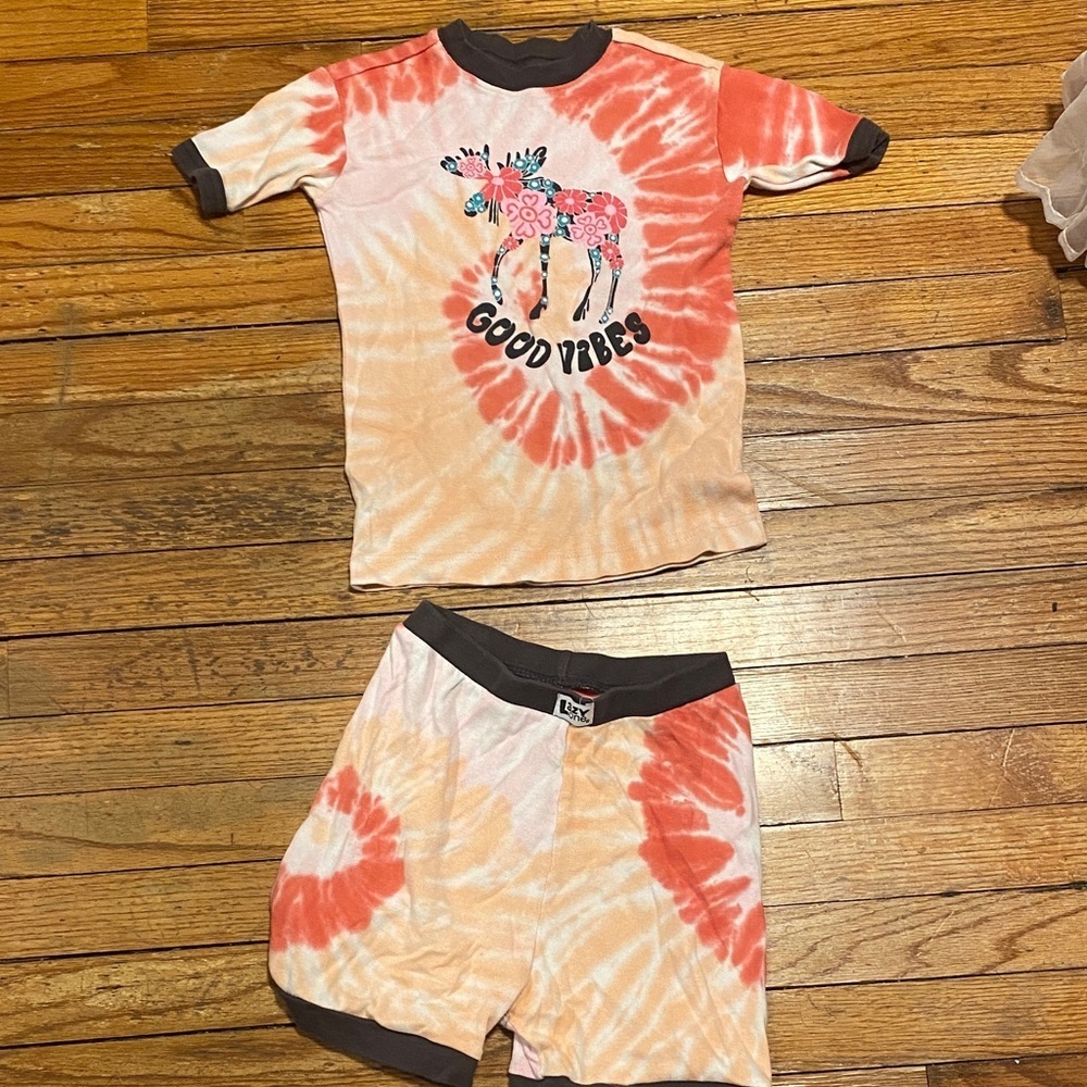 Kids Tie-Dye Pajama Set - Orange and Pink Lazy One Moose good vibes